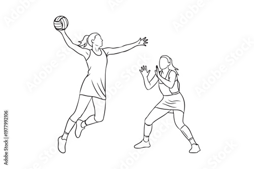 Professional women playing netball match continuous line drawing.