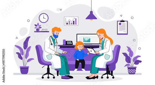 Medical professionals, doctor and nurse, interacting with child patient, in clinic office, flat design vector