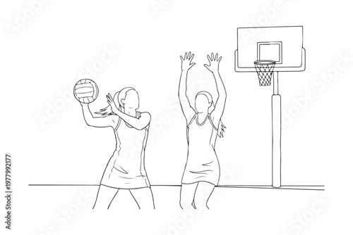 Professional women playing netball match continuous line drawing.
