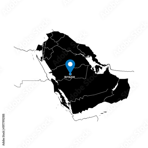 Detailed vector map of Saudi Arabia showcasing Riyadh with prominent marker position