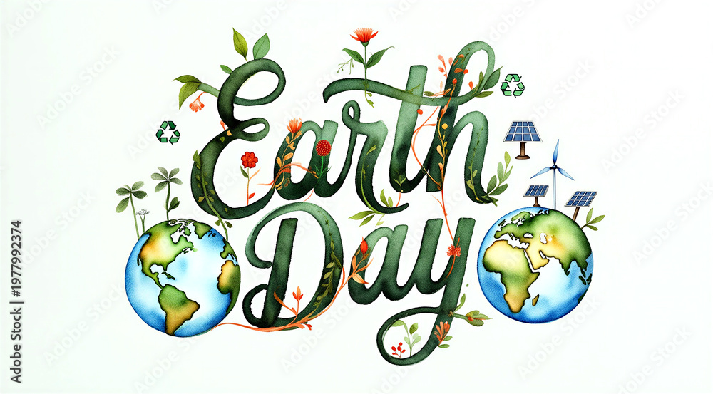 Naklejka premium Beautiful earth day illustration with green plants globes and ecofriendly energy icons celebration design