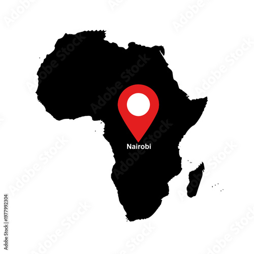 Africa continent map with Nairobi Kenya marked by a prominent red map pointer isolated