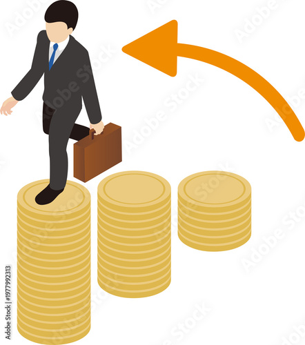 Success in Asset Management and Career Advancement: Businessman Walking Up Coin Stairs with Upward Arrow Isometric Illustration