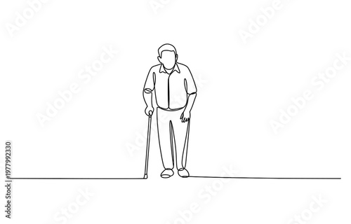 Continuous line drawing of an elderly man walking with a cane