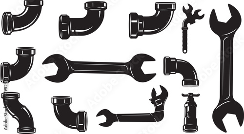 Black and white illustration of plumbing tools and pipes