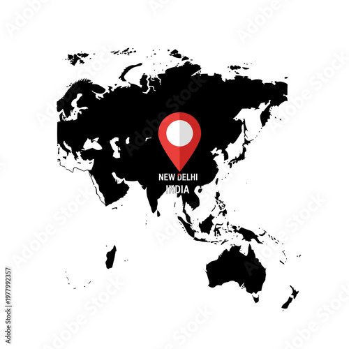 Asia map pinpointing New Delhi, India with a red location marker design showing geography