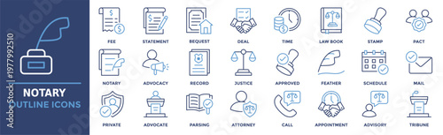 Notary icon collection set. Containing fee, statement, bequest, deal, time, law book, stamp and more. Outline vector icons collection