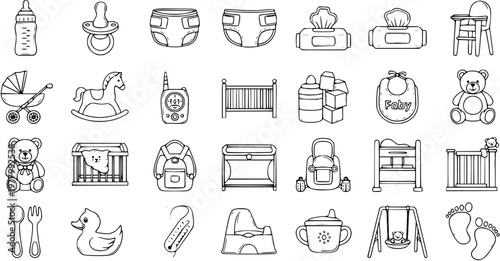 Baby Care Line Art Icons Set - Newborn Infant Accessories Collection in Black  White Outline Style