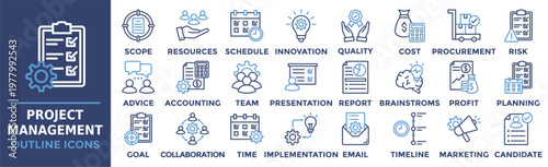 Project Management icon collection set. Containing scope, resources, schedule, innovation, quality, cost, procurement and more. Outline vector icons collection