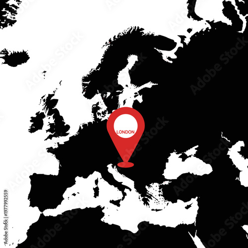 Europe map highlighted with a red location pin pointing to London city illustration