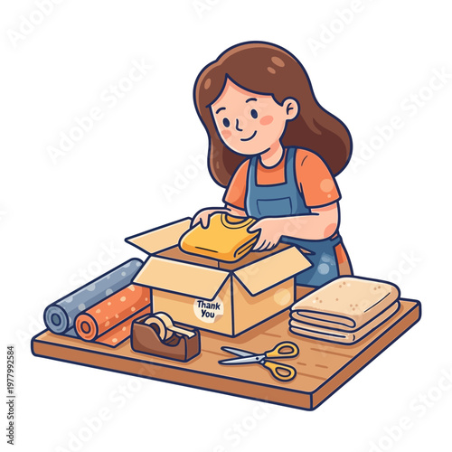 Cheerful small business owner packing a customer order at a worktable with open shipping box tissue wrap and supplies in clean cartoon flat vector style on white isolated background