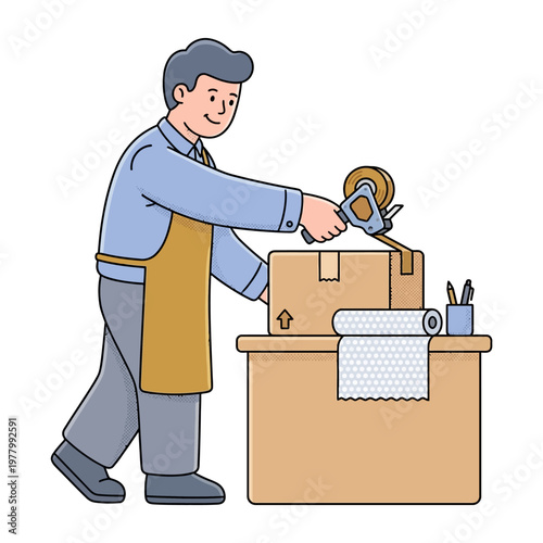 Focused online shop owner sealing a parcel with packing tape during order fulfillment in playful cartoon flat vector illustration with bold outlines on white isolated background