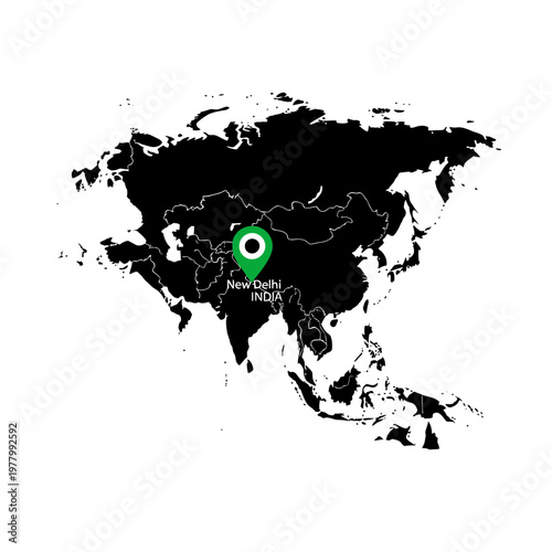 Asia continent map with New Delhi, India highlighted on the geographical surface illustration