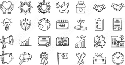 Diverse business and charity icons: line art collection for finance, healthcare, and community themes