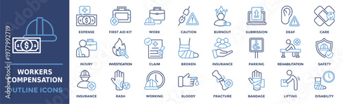 Worker Compensation icon collection set. Containing expense, first and kit, work, caution, burnout, submission, deaf and more. Outline vector icons collection