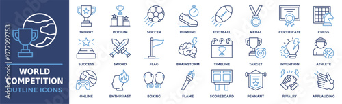 World Competition icon collection set. Containing trophy, podium, soccer, running, football, medal, certificate and more. Outline vector icons collection