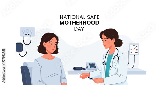 A healthcare worker helps a pregnant woman with a maternal medical checkup in a clinic setting, emphasizing safe motherhood awareness with a clean, bright vector design promoting maternal