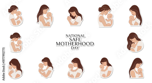 Aligned on a clean white background are vector illustrations denoting National Safe Motherhood Day, showcasing mother and baby health with caring for pregnant women and maternal medical