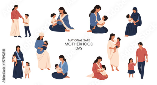 Isolated vector illustration celebrating National Safe Motherhood Day, depicting diverse mothers and children in various poses against a white background, promoting maternal health