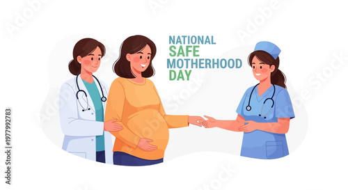 Vector illustration for National Safe Motherhood Day depicting a healthcare worker helping a pregnant woman, with a doctor nearby, set against a clean white background emphasizing maternal