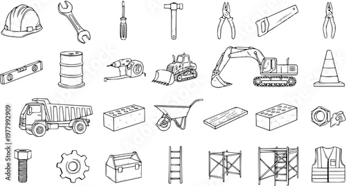 Construction Equipment and Tools Line Art Icons Set - Black and White Vector Illustrations