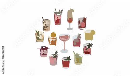 Assorted cocktail glass collection in circular layout with colorful drinks and garnishes vector illustration