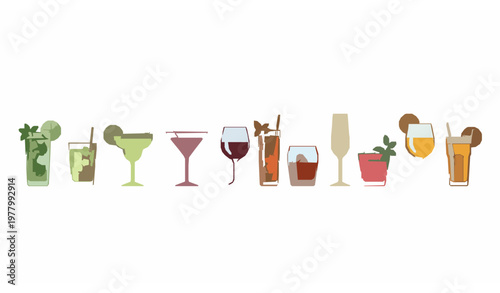 Minimal cocktail glasses vector set with assorted beverages and garnishes in clean flat design style