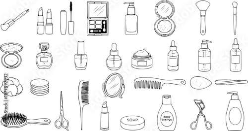 Black and White Line Art Vector Illustration of Various Beauty and Makeup Products
