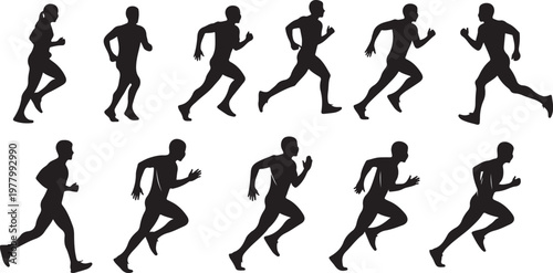 Silhouettes of people running in various dynamic poses and movements