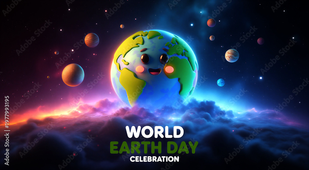 Naklejka premium Cute smiling cartoon earth character with planets celebrating world earth day in colorful cosmic space scene