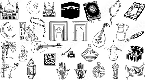 Black  White Line Art Doodle Collection of Islamic Culture, Ramadan, and Eid Celebration Elements. Hand-Drawn Icons include Mosques, Quran, Lanterns,  Traditional Symbols.