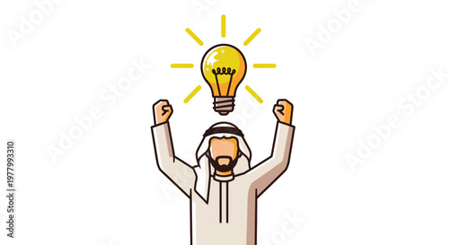 Arab man with glowing light bulb above head, celebrating an idea, innovation concept