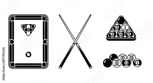 Billiard Table, Cues, and Balls Icon Set - Vector Illustration