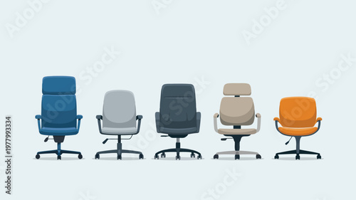 A colorful assortment of five modern office swivel chairs, each with unique features, standing in a neat line