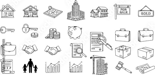 Black and White Line Art Icons Representing Real Estate and Finance Concepts - Houses, Money, and Business
