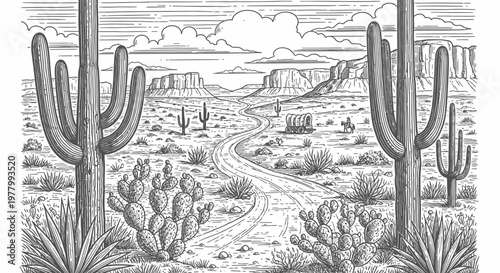Hand-drawn vintage engraving of a Western desert landscape with saguaro cacti, a winding dirt road, and distant mountains