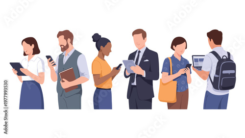 A diverse assembly of six individuals from the waist up using various digital communication devices