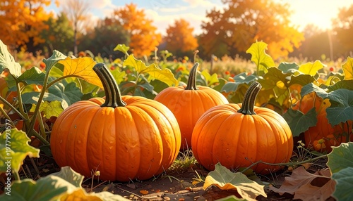 A serene autumnal scene with pumpkins in a lush field