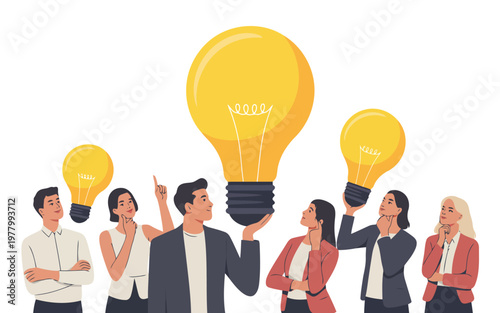 A diverse group of men and women share innovative ideas with glowing lightbulbs