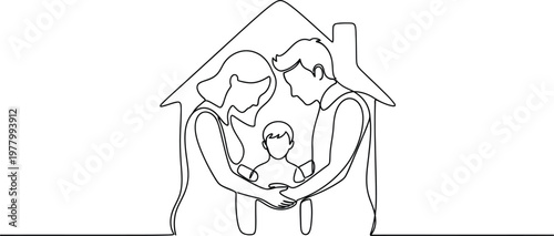 Continuous line drawing of a happy family with parents and child inside a house shape symbolizing care, protection, and security.