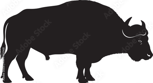Black silhouette of a bison standing on white background