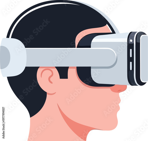 Young man experiencing an immersive virtual world using a modern virtual reality headset for entertainment or futuristic technology simulation.