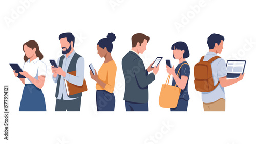 A diverse lineup of six people from the waist up intently using their digital devices