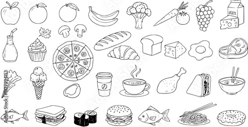 Food Industry Line Art: Hand-Drawn Black and White Vector Illustration Set of Diverse Food Items, Drinks, Meals, and Ingredients for Menus and Nutrition