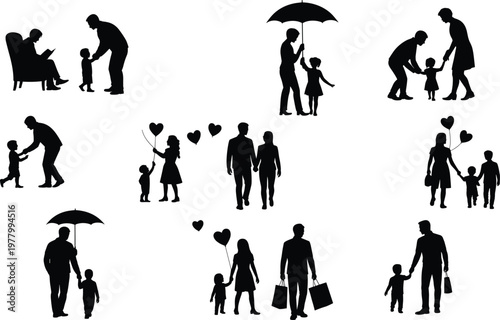 Family silhouettes collection featuring parents and children interactions, love, care, protection, walking, umbrella safety, balloons, and everyday parenting moments