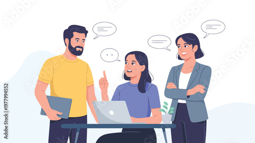 A diverse team of three colleagues actively discusses a new business strategy with laptops