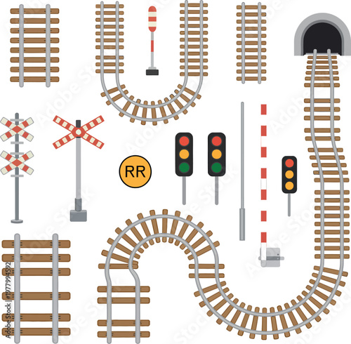 Railway Structural Elements Vector Collection, Cartoon Style Set of Tracks, Signals, Bridges, and Infrastructure Components for Transportation and Rail Design Illustration