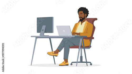 A focused Black businessman works diligently on his laptop and desktop computer at a modern office desk