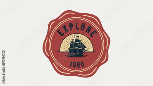 Vintage travel badge with ship logo.