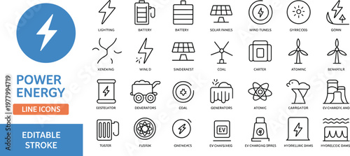 Power energy line icons set featuring renewable and nonrenewable sources, solar panels, wind turbines, batteries, generators, EV charging, editable stroke vector collection